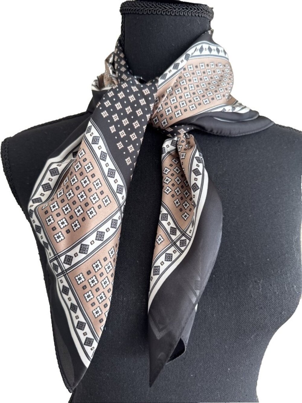 Elan 36” Square Scarf Geometric Silky Handkerchief Black Brown Cream NEW